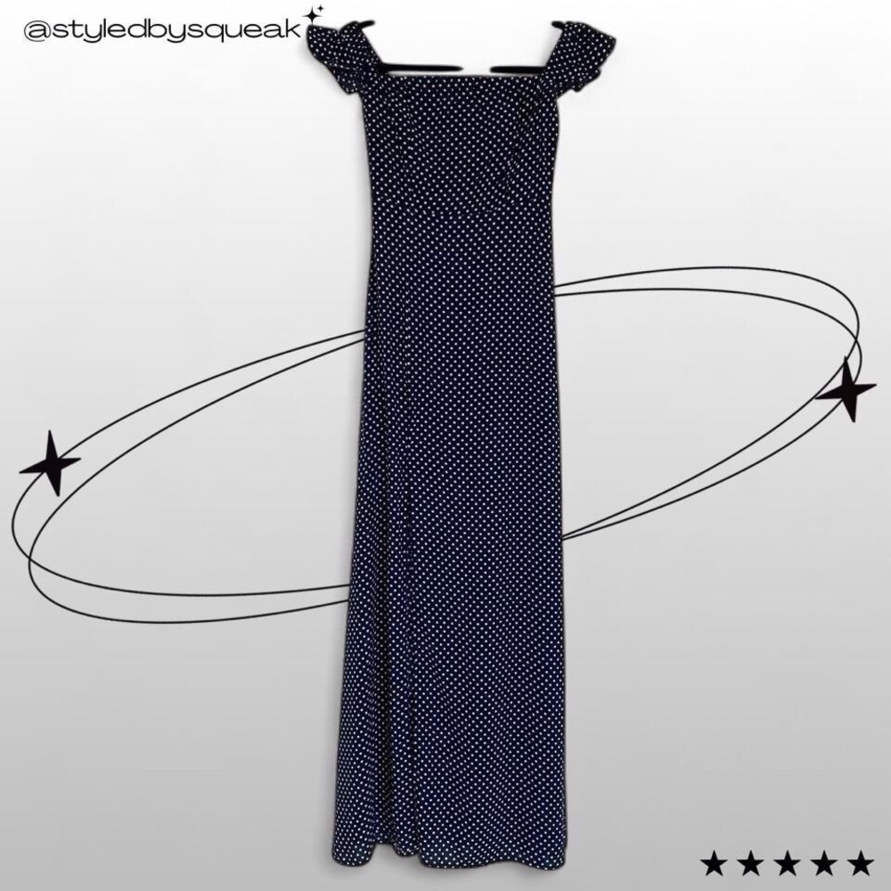 Lulus Dream Love Blue White Polka Dot Off The Shoulder Slit Maxi Dress Small